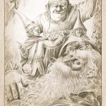 illustration au crayon d'Aldrim, un frère conteur, entouré de trois gnomes aux chapeaux pointu dans la forêt enchantée d'orthana.