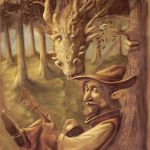 illustration d'un ménestrel, troubadour, et d'un dragon dans les forêts enchantées des contes.