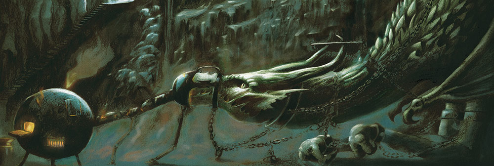 illustration d'un dragon, emprisonné dans une grotte par un forgeron, qui alimente de son feu la forge.