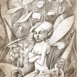 illustration de la fée qui louche et lutins jouant de la musique, realisée au graphite par godo