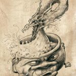 illustration d'un dragon sortant d'un chaudron vivant et dansant. Réalisé par godo. Technique : crayon