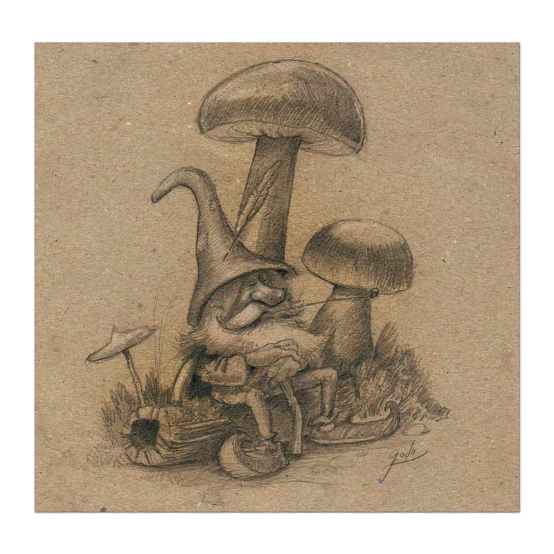 croquis d'un vieux farfadet en pleine méditation, réalisé au crayon sur papier texturé. Illustration godo fantasy
