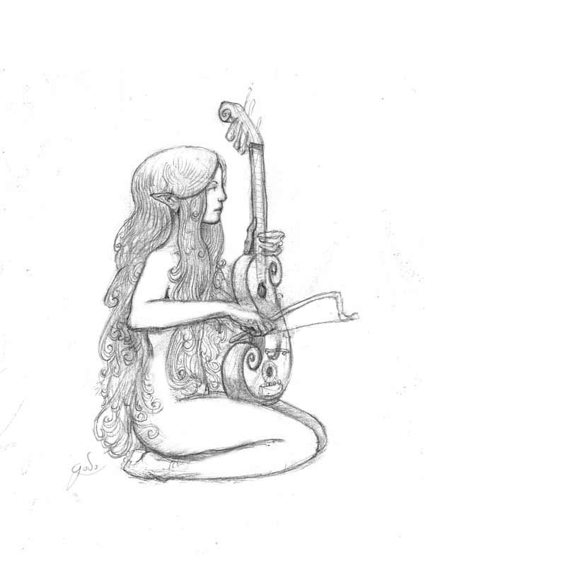 dessin d'une petite fée menestel au crayon, illustration godo