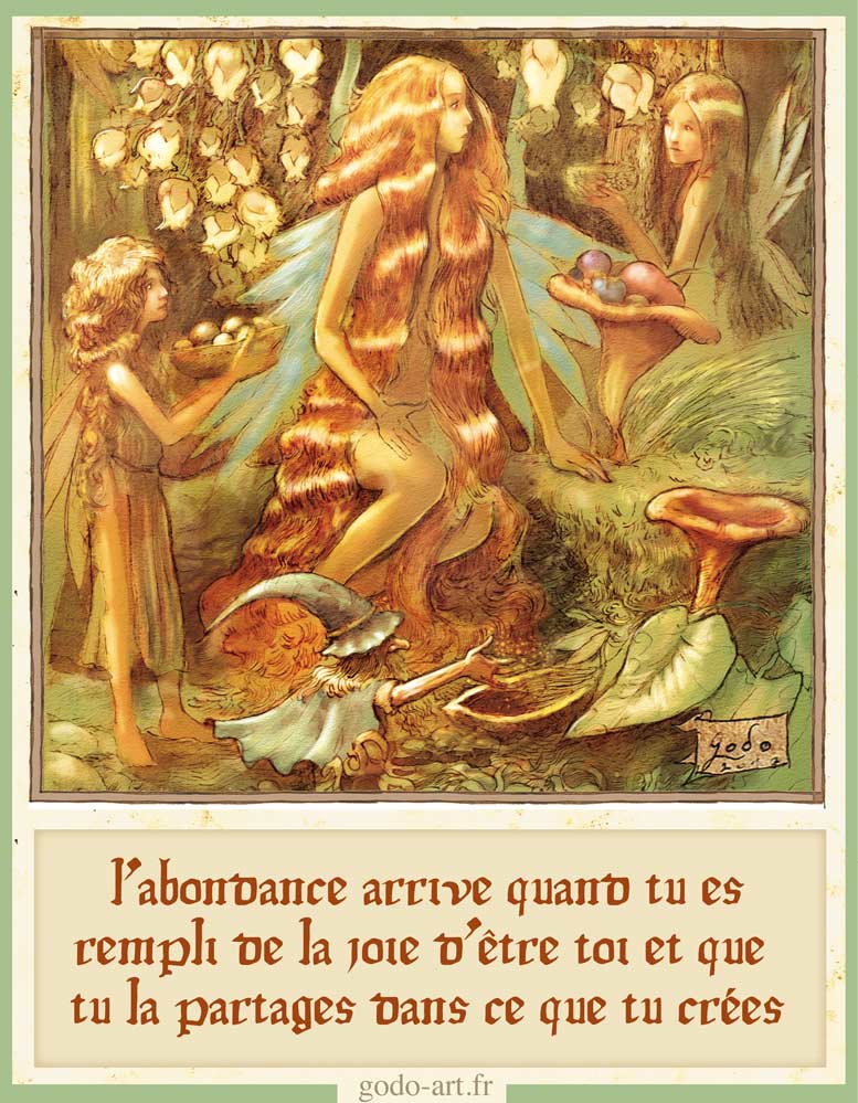 illustration petit peuple et grande sagesse. clé numéro trois, fée de l'abondance. godo art illustration