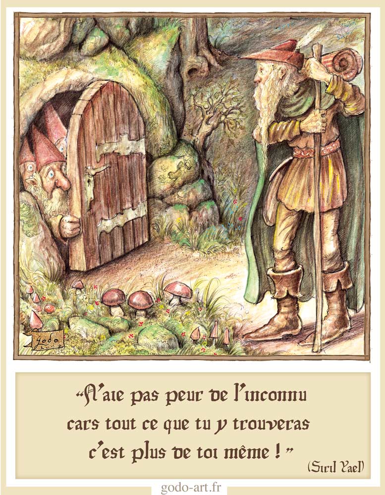 illustration petit peuple et grande sagesse. clé numéro cinq n'aie pas peur de l'inconnu illustration godo art