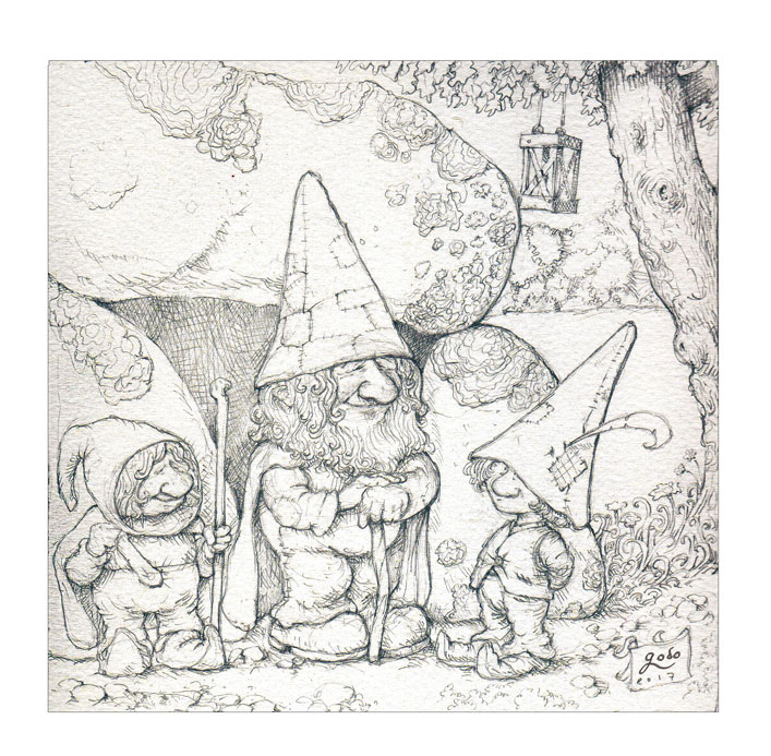 trois gnomes illustration, crayonné. godo-art