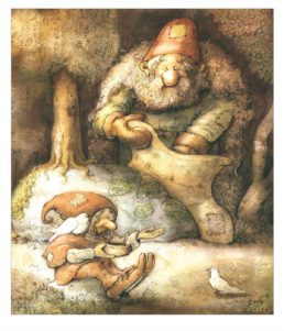 illustration gnome, géant et oiseaux