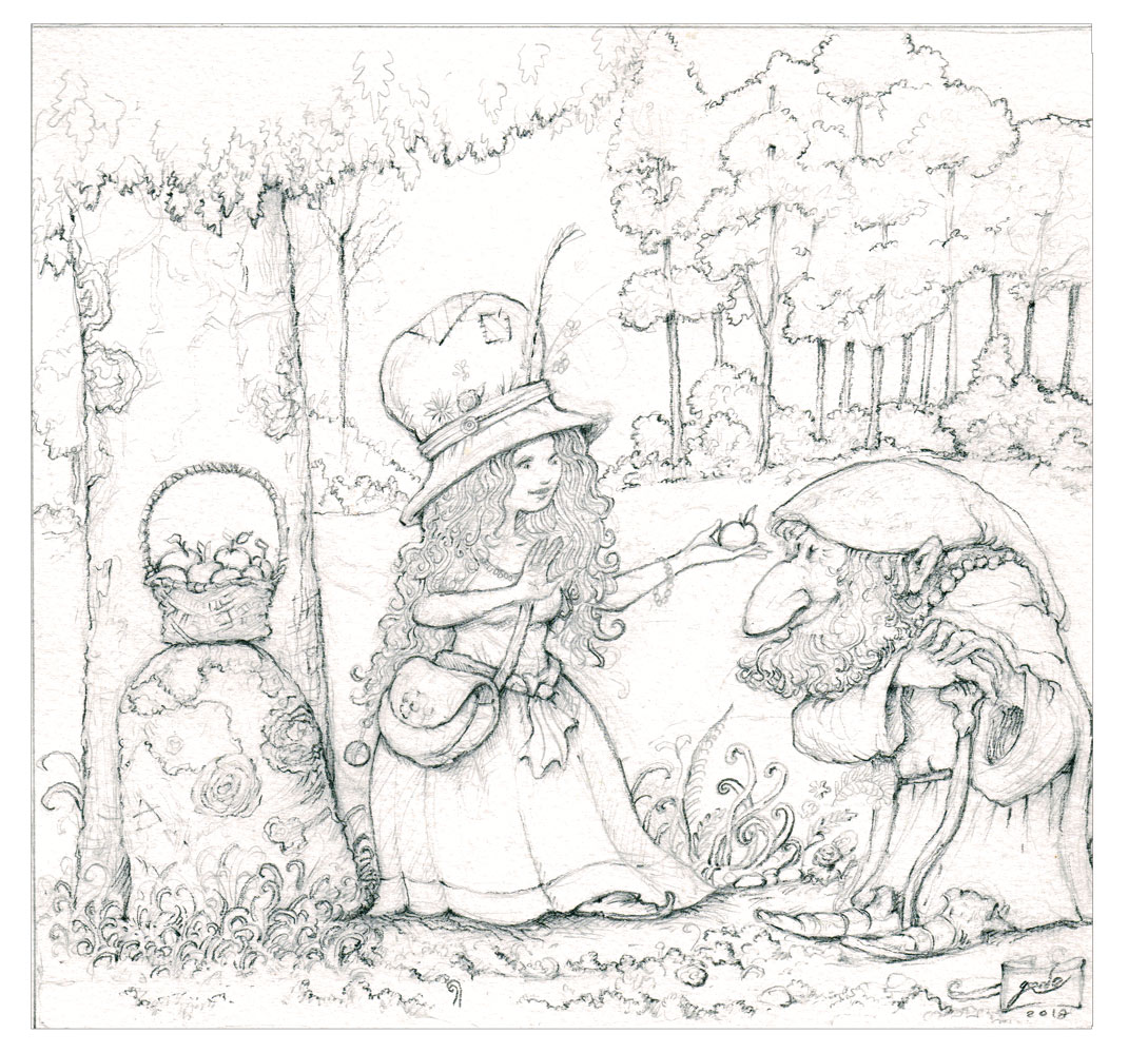 dessin de la fée aux pomme et d'un vieux gnome