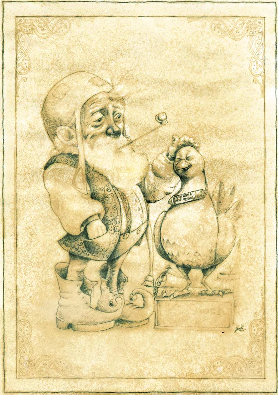 Parchemin de féerie, illustration d'un lutin caressant un pigeon messager