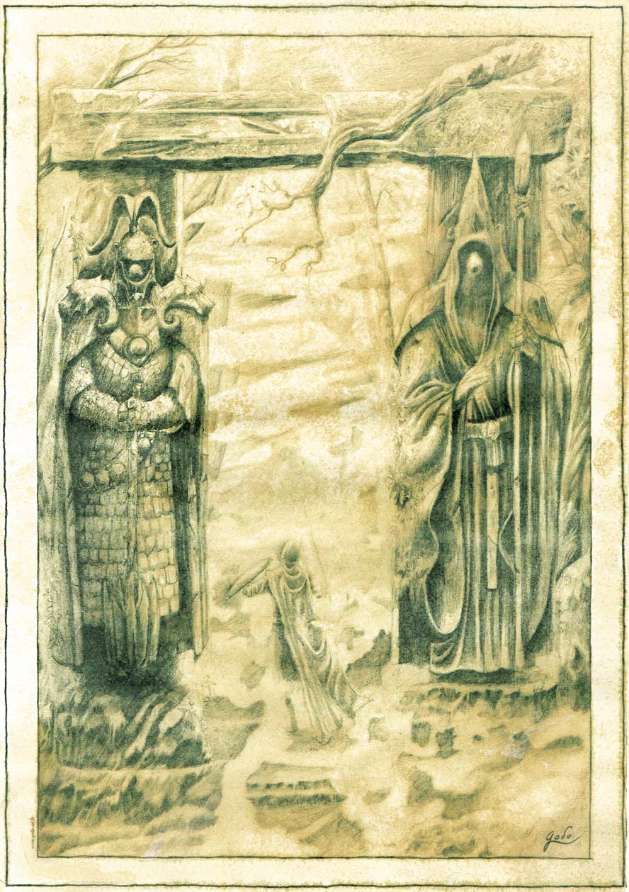 parchemin de féerie représentant le portail orthanien, statue de deux êtres à tête d'ours, en armure. Un homme passe à travers. êtres