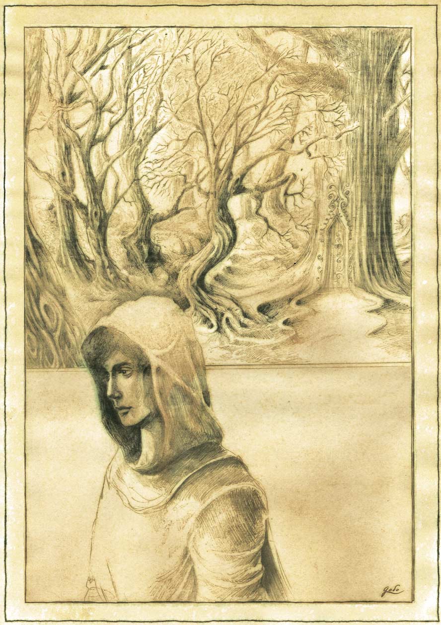 parchemin de féerie représentant une elfe marchant dans la forêt. Illustration godo