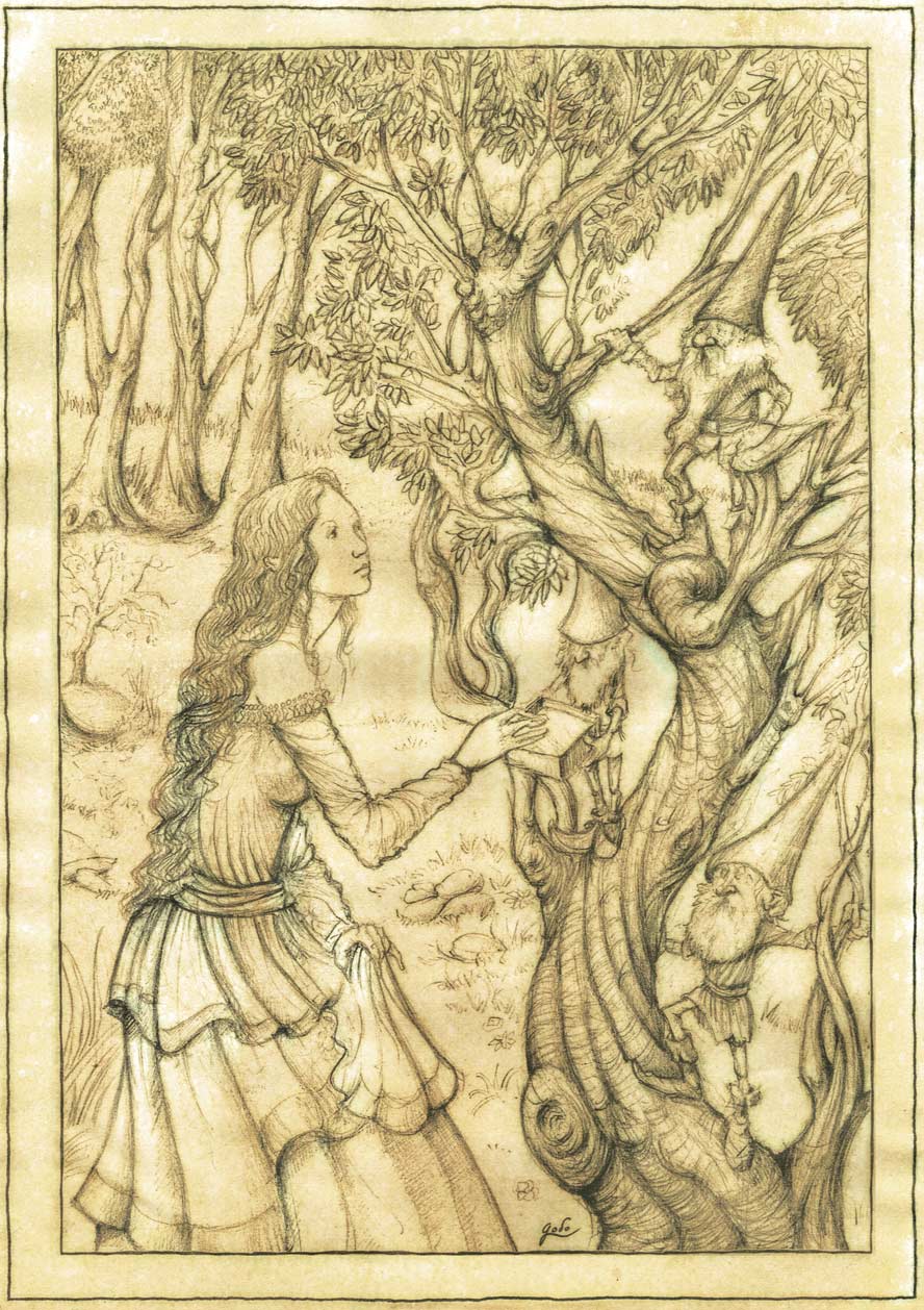 illustration représentant une dame aux airs de fée, se faisant offrir un cadeau par des gnomes, perchés dans un arbre.