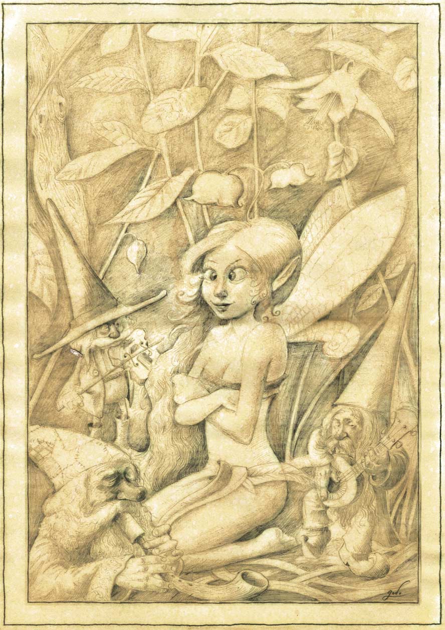illustration représentant une fée qui louche, entourée de gnomes jouant de la musique.