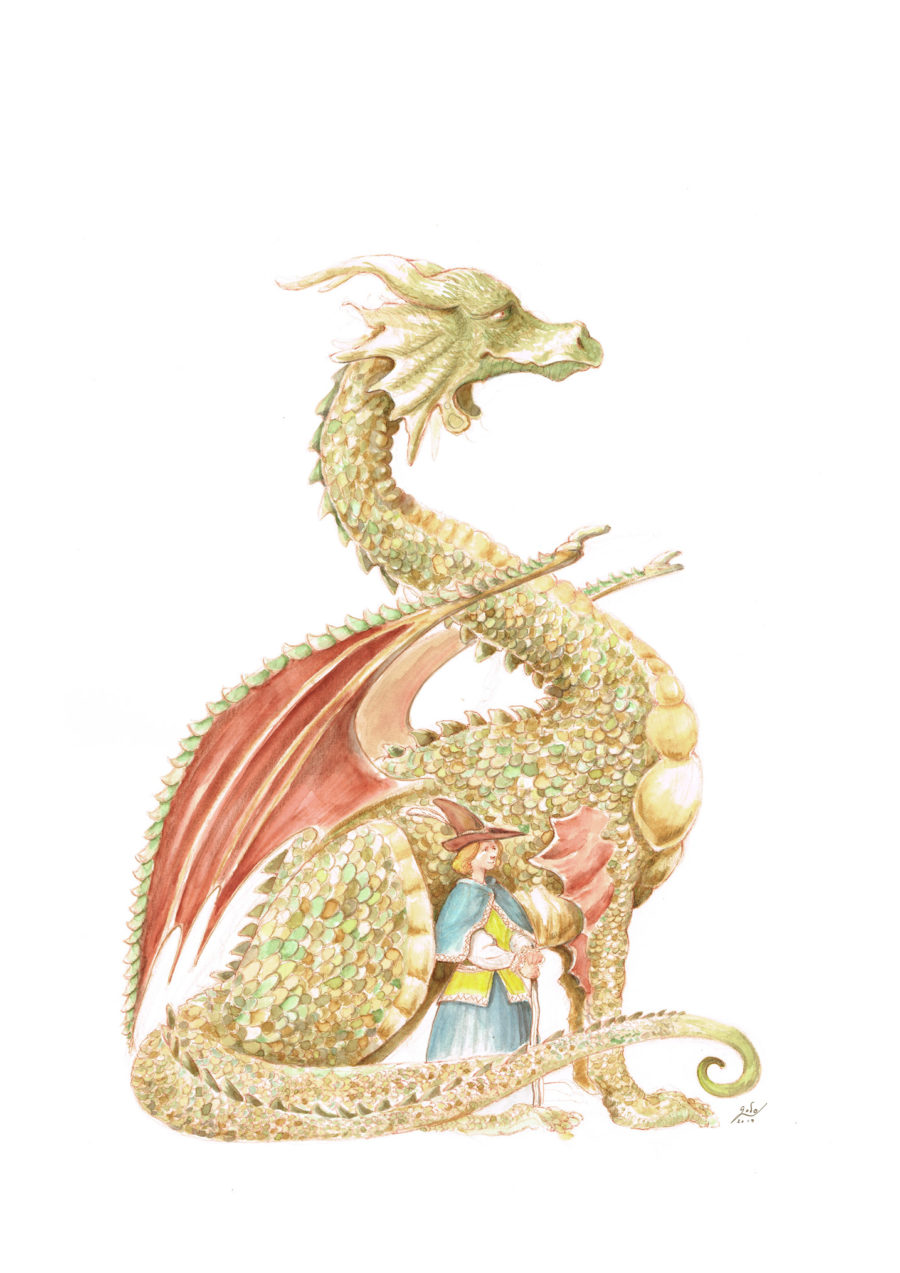 Illustration originale du dragon d'orée. réalisé aux encres aquarelle et au crayon.