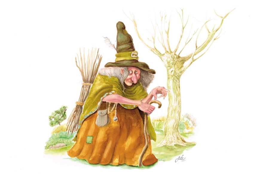 illustration d'une vieille sorcière portant un fagot de bois. illustration godo