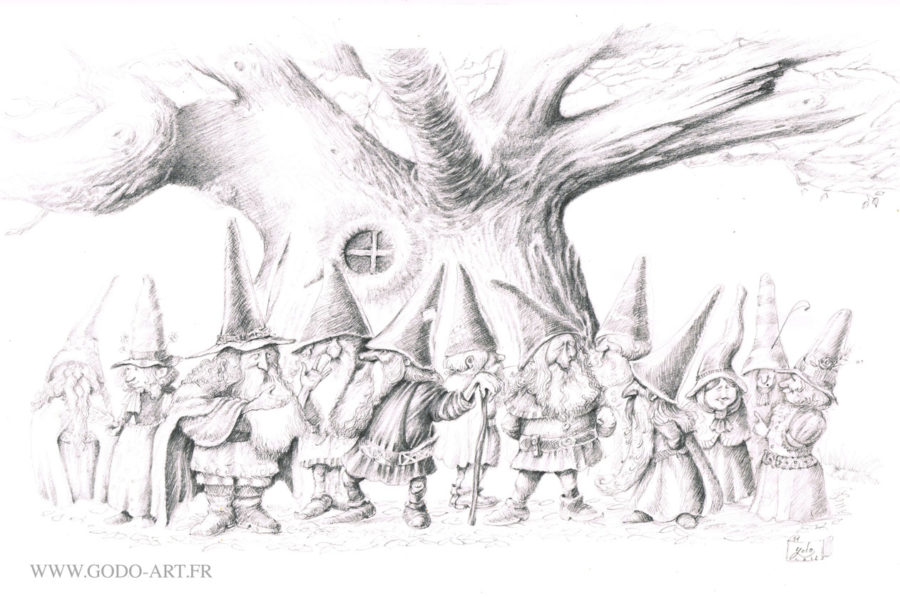 dessin préparatoire d'une illustration représentant une assemblée de gnomes et gnomides devant un grand et vieil arbre majestueux. illustration godo