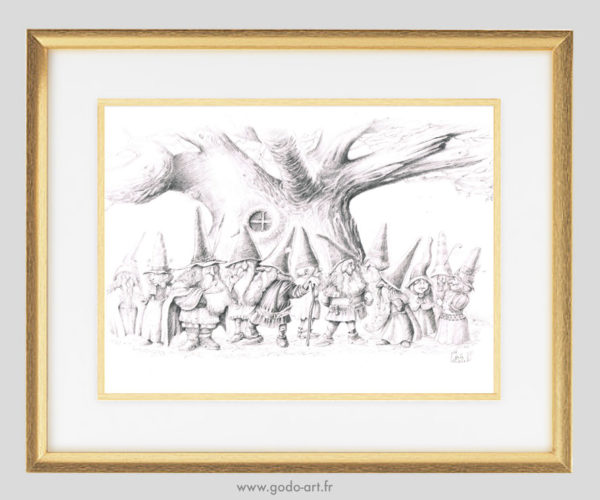 illustration au crayon représentant une assemblée de gnomes devant un vieil arbre. illustration godo