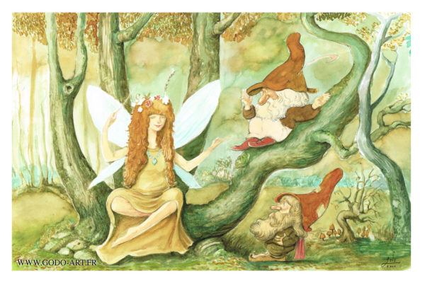 illustration représentant une fée et deux gnomes assis sur un arbre tortueux. Réalisation aux encres aquarelle et dessin au graphite. Illustration godo