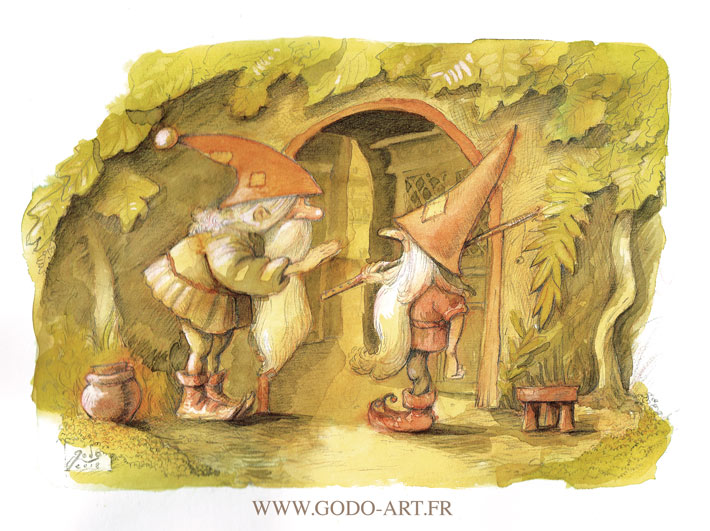 illustration représentant deux gnomes discuttant devant l'entrée de leur habitat . réalisation aux encres aquarelle et au crayon. illustration godo