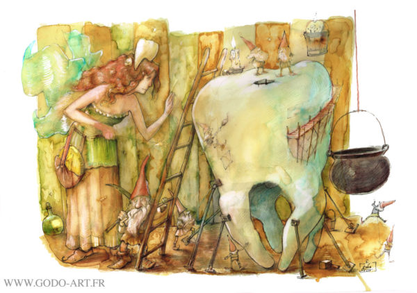 illustration originale représentant la fée des dents et son équipe de gnomes, illustration godo