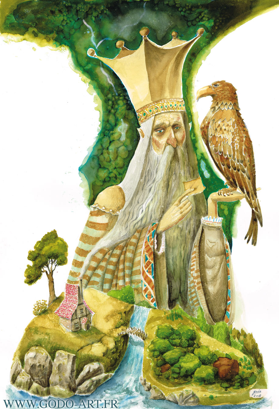 illustration représentant un roi recevant un message d'un aigle . au premier plan une maison et une forêt. illustration aux encres aquarelle par Godo