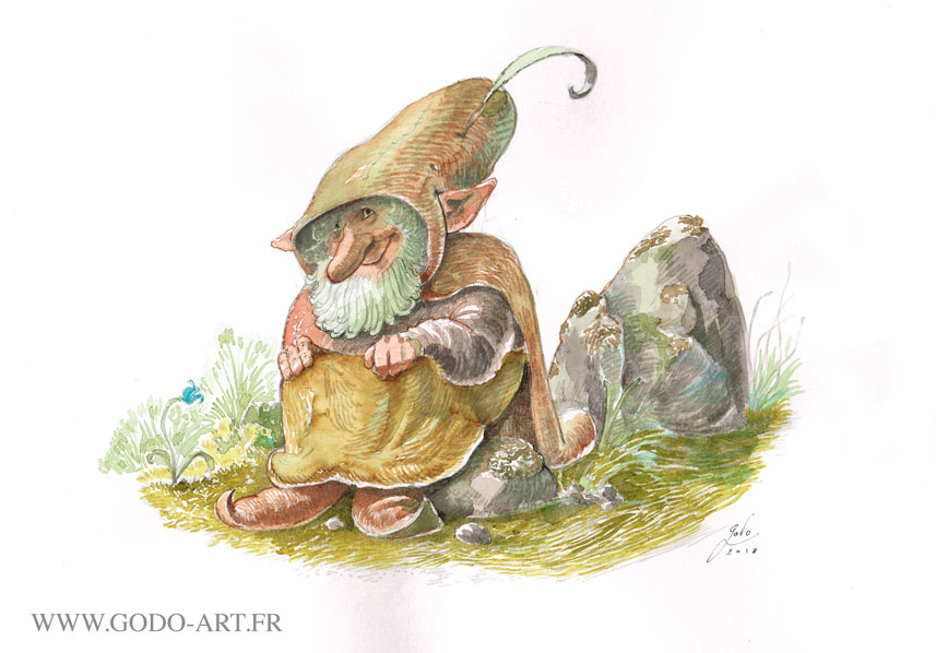 illustration d'un gnome espiègle assis sur un rocher . Illustration Godo aux encres aquarelle 