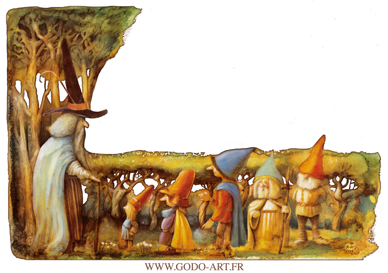 illustration représentant des gnomes en file indienne devent un mage