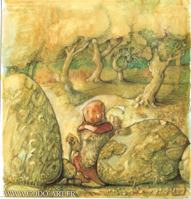 illustration d'un gnome passant entre deux rochers. illustration godo réalisée à l'aquarelle