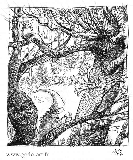 illustration representant un gnome entre deux arbres dessin godo art