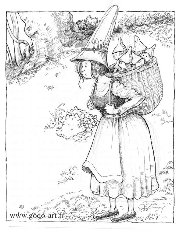 illustration représentant une gnomette portant ses enfants dessin godo art