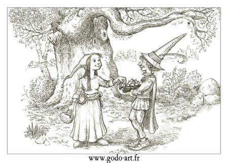 dessin de lutin et lutines après la cueillette, illustration godo