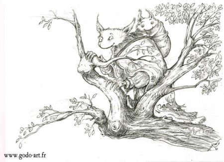 dessin d'une créature inconnue sur les branches d'un vieil arbre, illustration godo