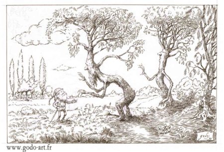 dessin de gnome et de ents, hommes arbres, illustration godo