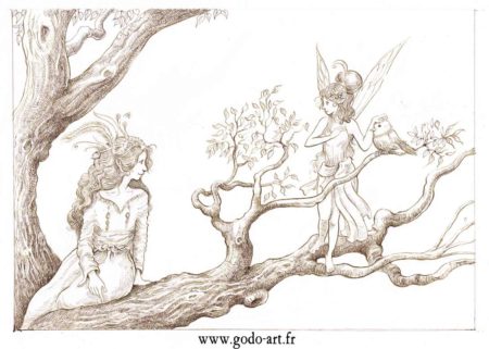 dessin de fées sur un arbre , illustration godo