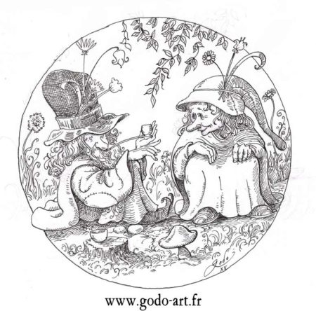 dessin de gnome et gnomides en forêt, illustration godo