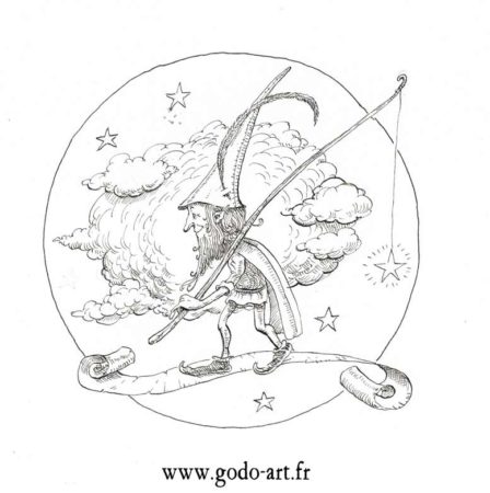 dessin de lutin dans les étoiles, illustration godo