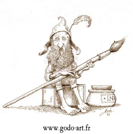 dessin d'un lutin avec son piceau et son encrier