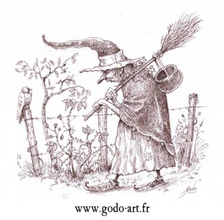Dessin de la sorcière choux blanc  avec son balais et son chaudron, illustration godo