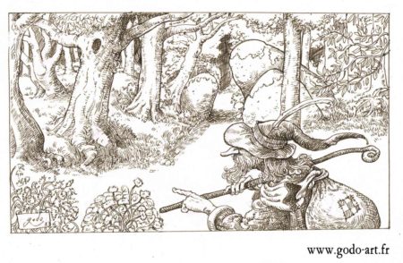 dessin forêt voyageur, illustration godo