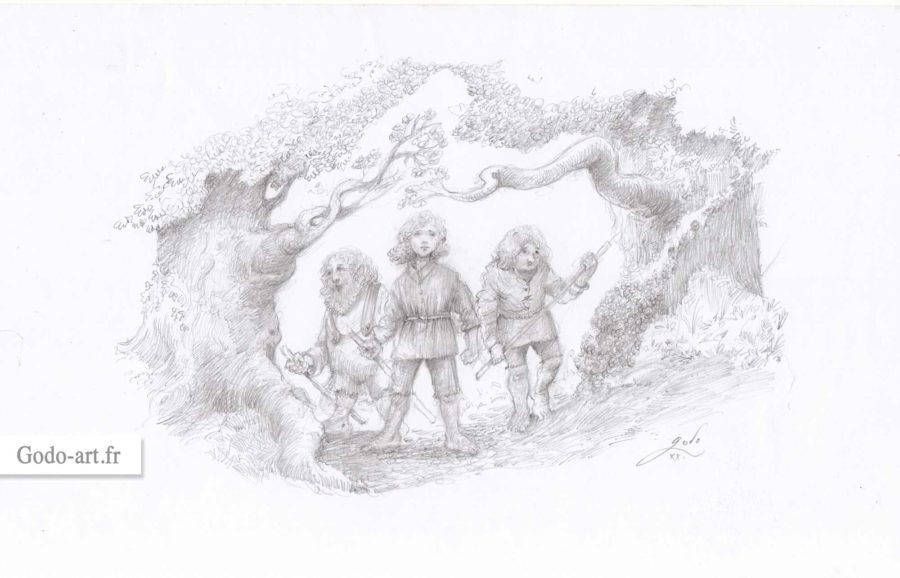 dessin original de trois hobbits