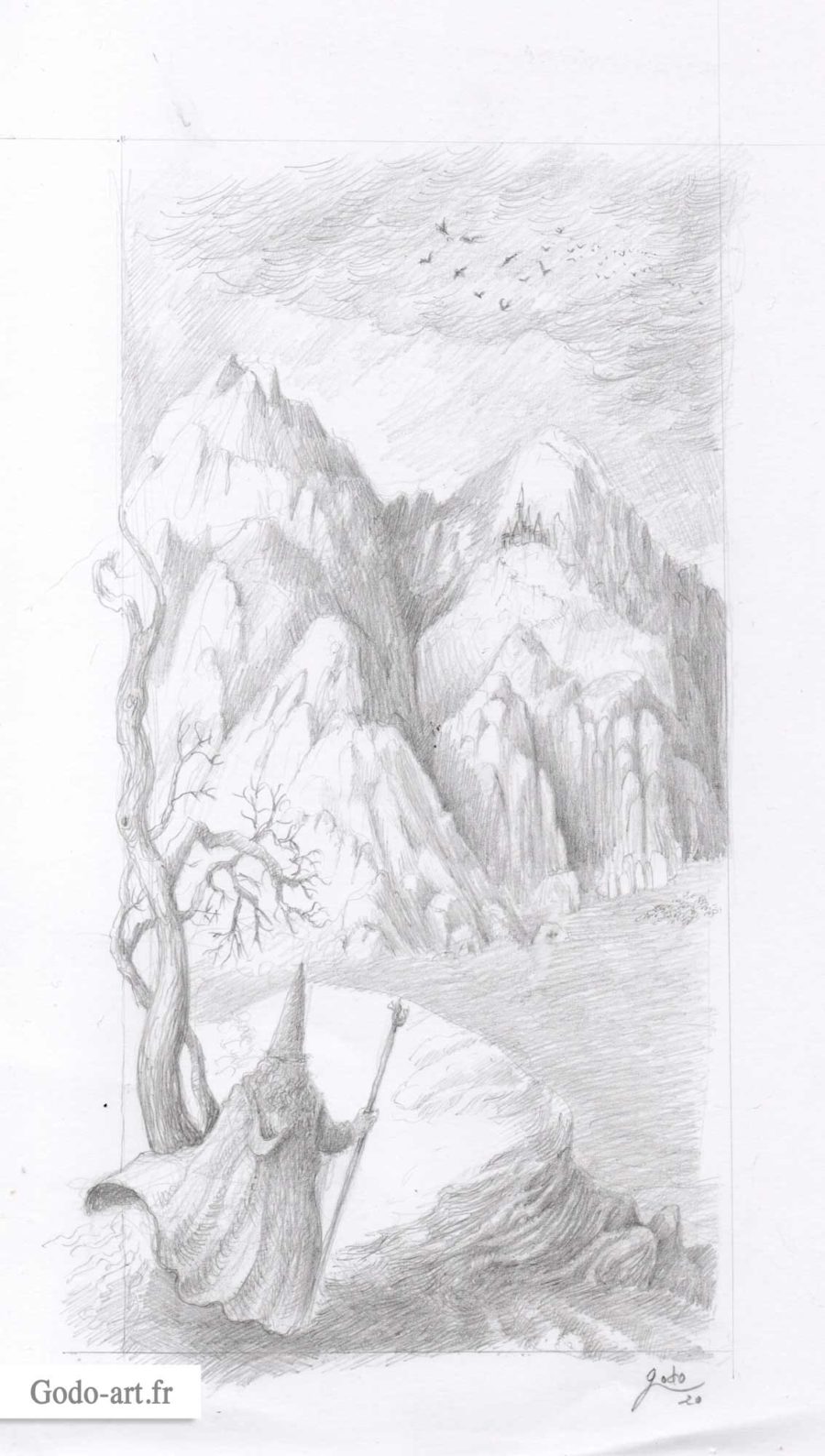 dessin gandalf montagne