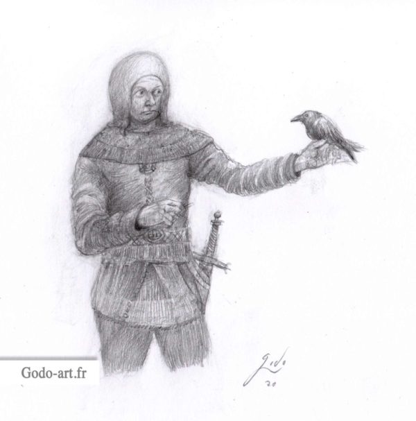 dessin d'un garde recevant un message par une corneille